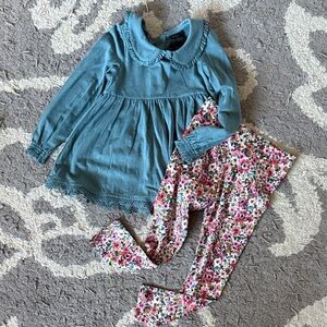 Blue Long Sleeve Top and Floral Leggings Set